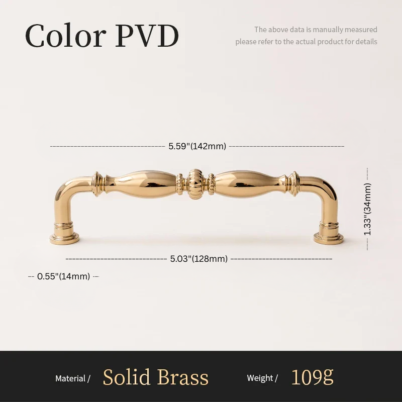 Gold cabinet handle with dimensions and material details on a white background
