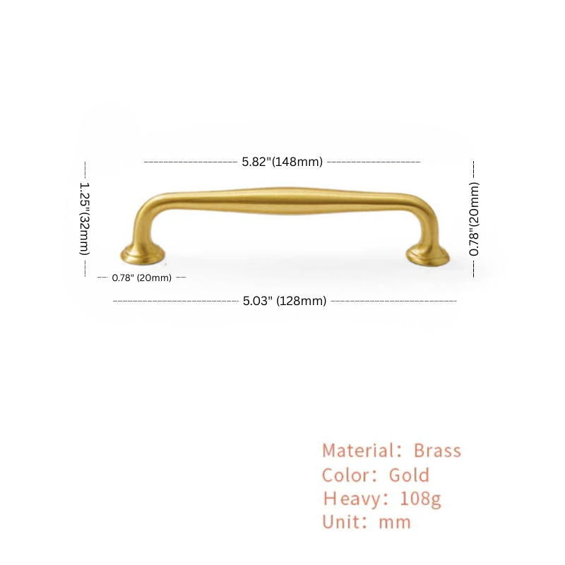 Gold cabinet handle with dimensions and material details on a white background
