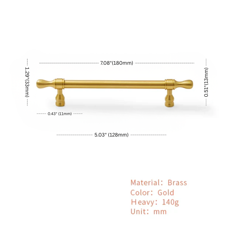 Gold cabinet handle with dimensions and material details on a white background