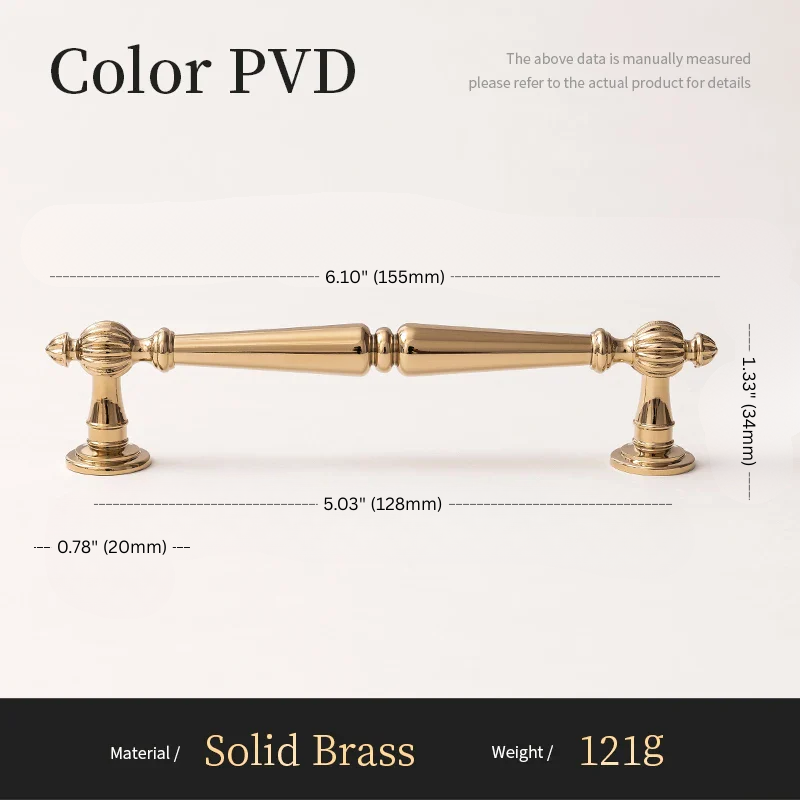 Gold cabinet handle with dimensions and material details on a white background