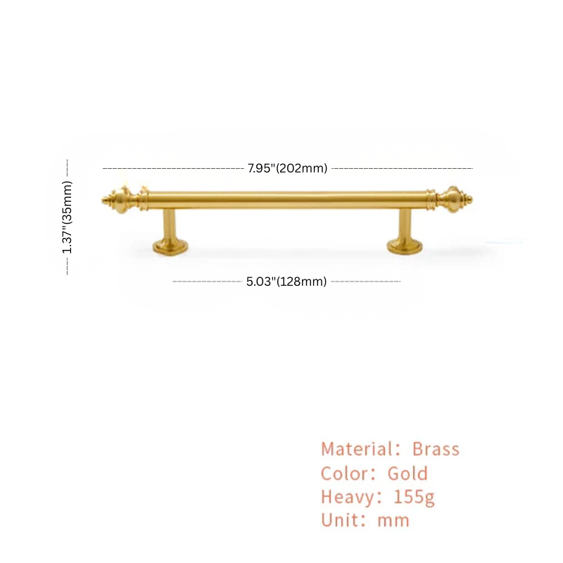 Gold cabinet handle with dimensions and material details on a white background