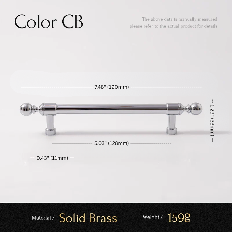 Cabinet handle with dimensions and material details on a white background
