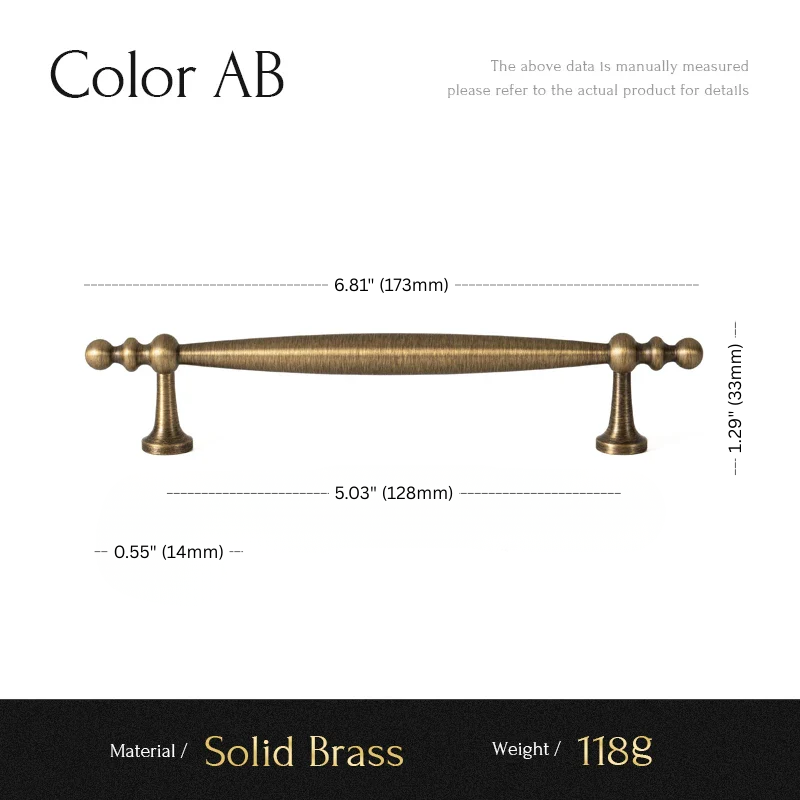 Measurement chart for a solid brass cabinet handle labeled 'Color AB' with dimensions and material details.