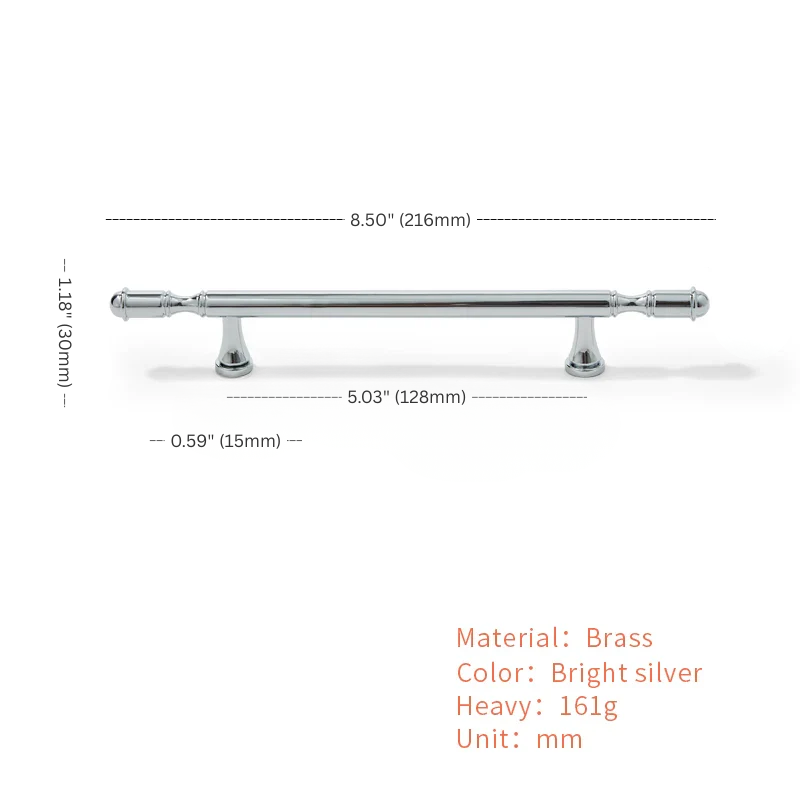 Measurement chart of a brass curtain rod with dimensions and material details.