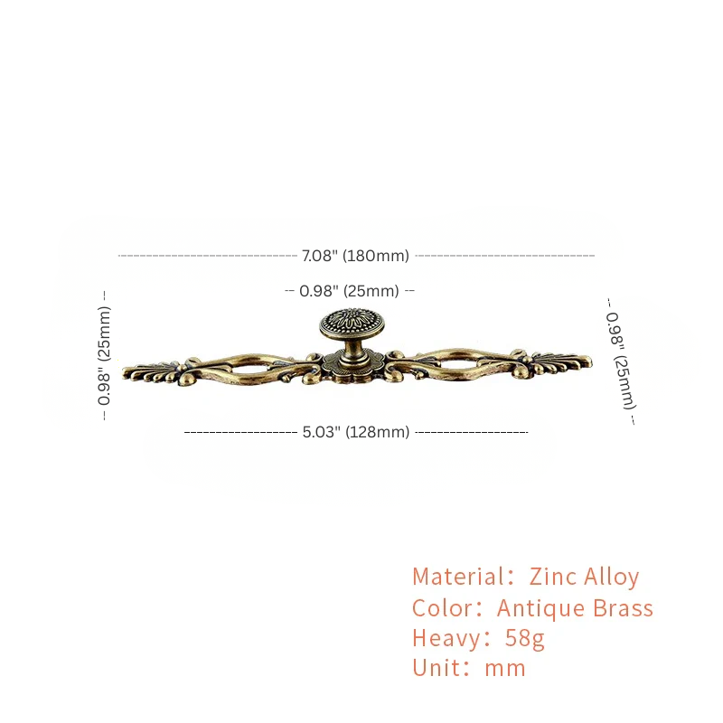 Antique brass handle with dimensions and material details on a white background