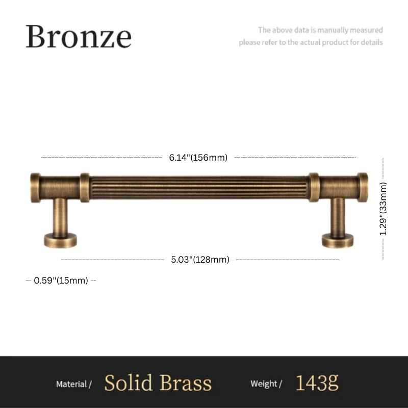 Bronze cabinet handle with dimensions and material details on a white background