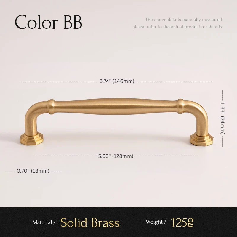 Gold cabinet handle with measurements on a light background