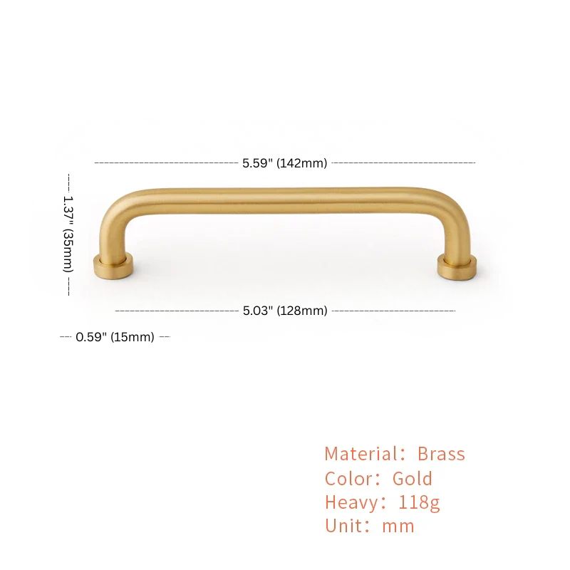 Gold cabinet handle with dimensions and material details on a white background
