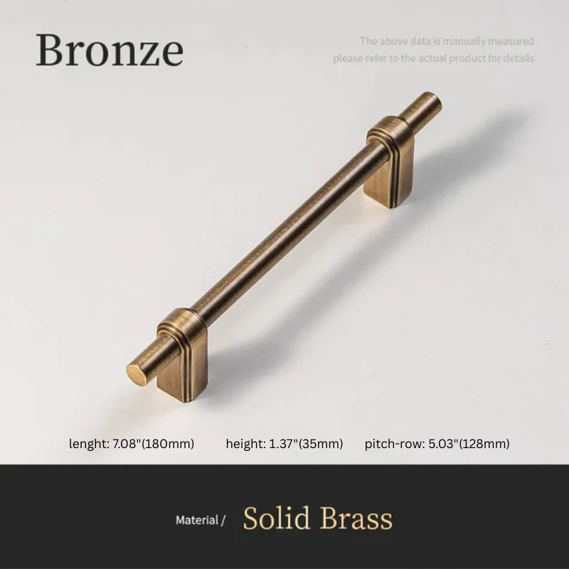Bronze cabinet handle with dimensions on a light gray background