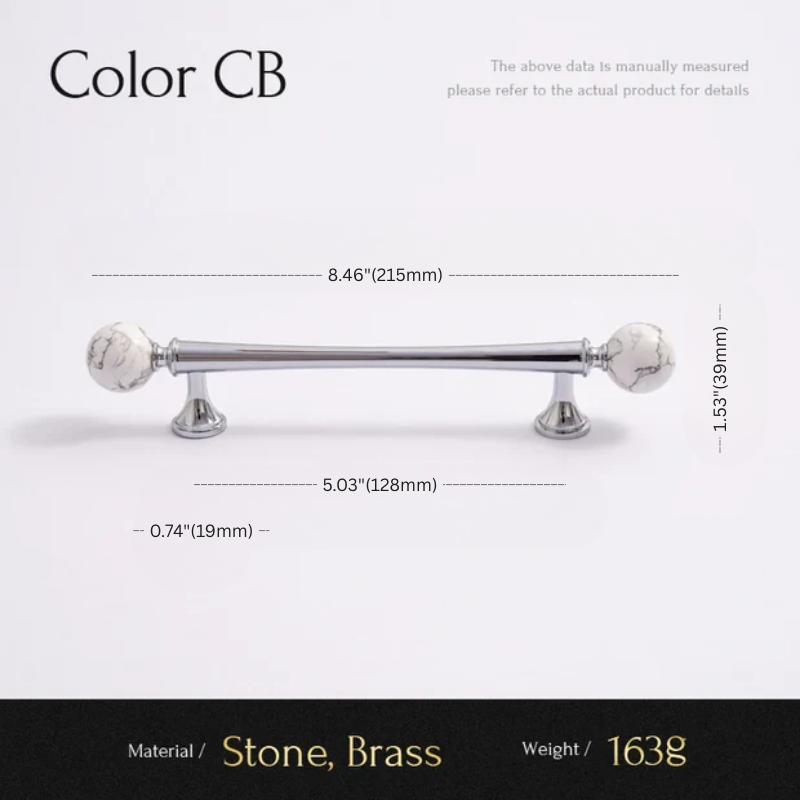 Measurement chart for a decorative bar with stone and brass elements on a white background.