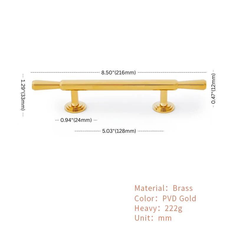 Gold cabinet handle with dimensions and material details on a white background