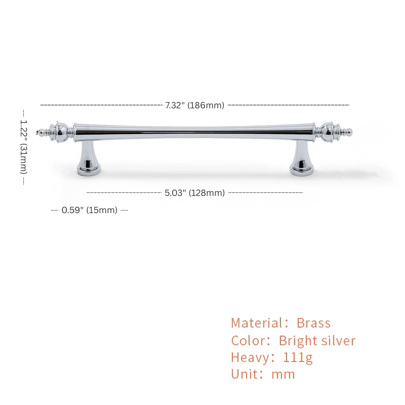 Chrome cabinet handle with dimensions and material details on a white background