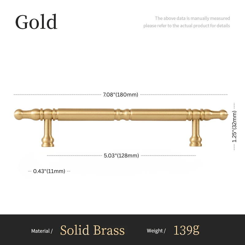 Gold cabinet handle with dimensions and material details on a white background