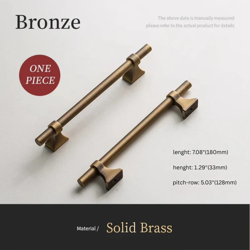 Two bronze cabinet handles on a light gray background with product details.