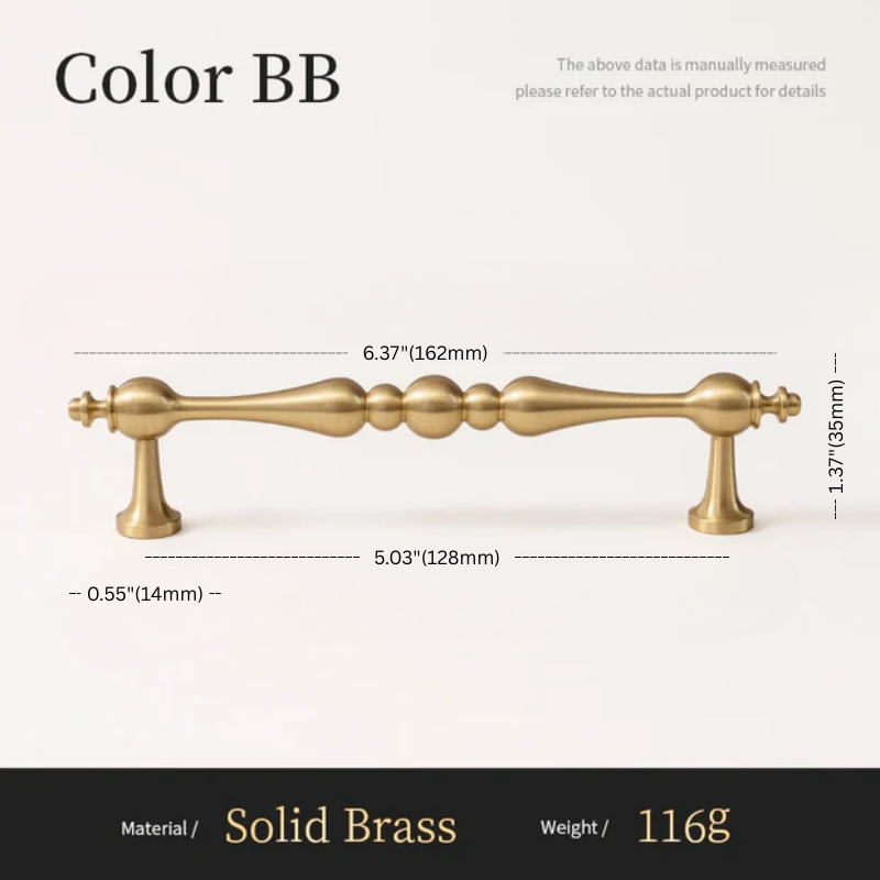 Solid brass cabinet handle with dimensions and material details on a white background