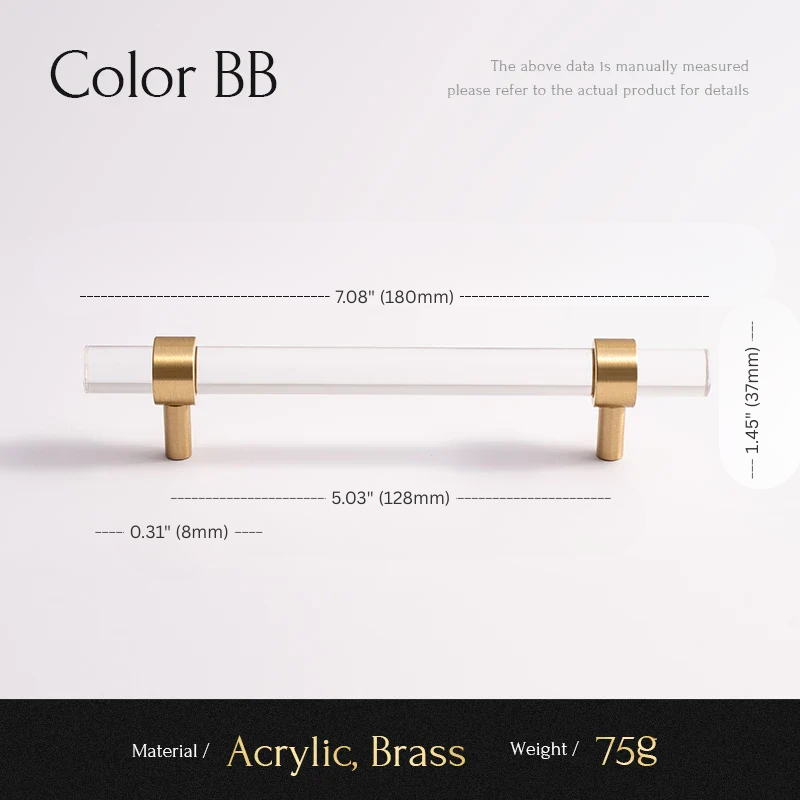 Gold acrylic bar with measurements on a white background