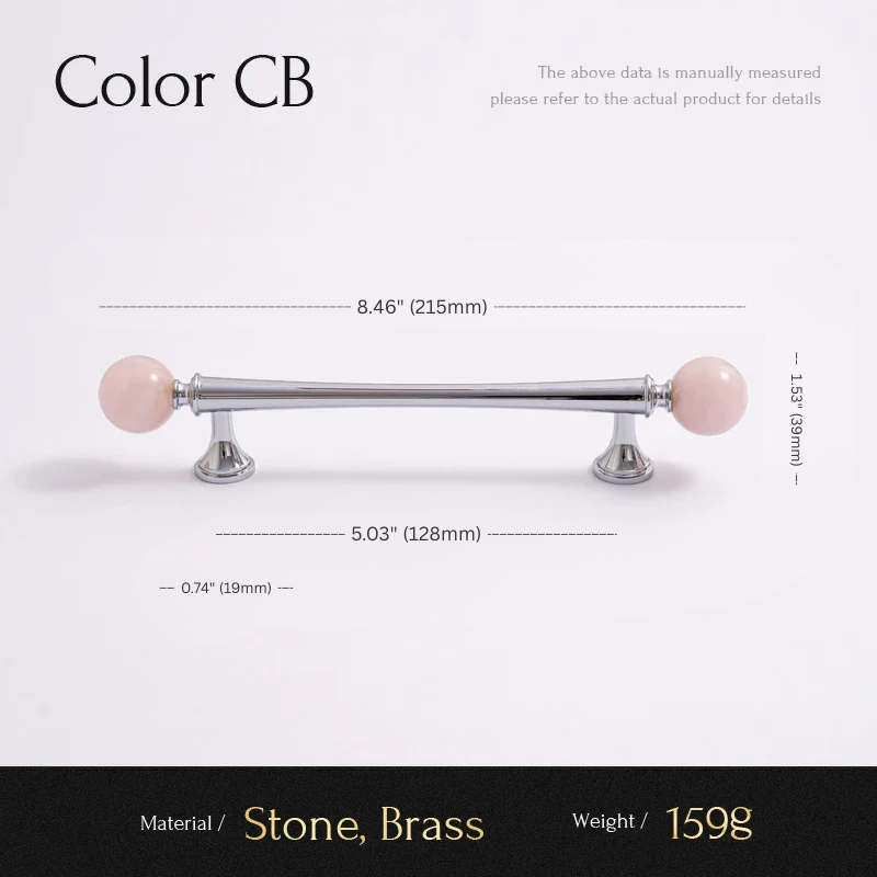 Cabinet handle with pink ceramic knobs and measurements on a white background