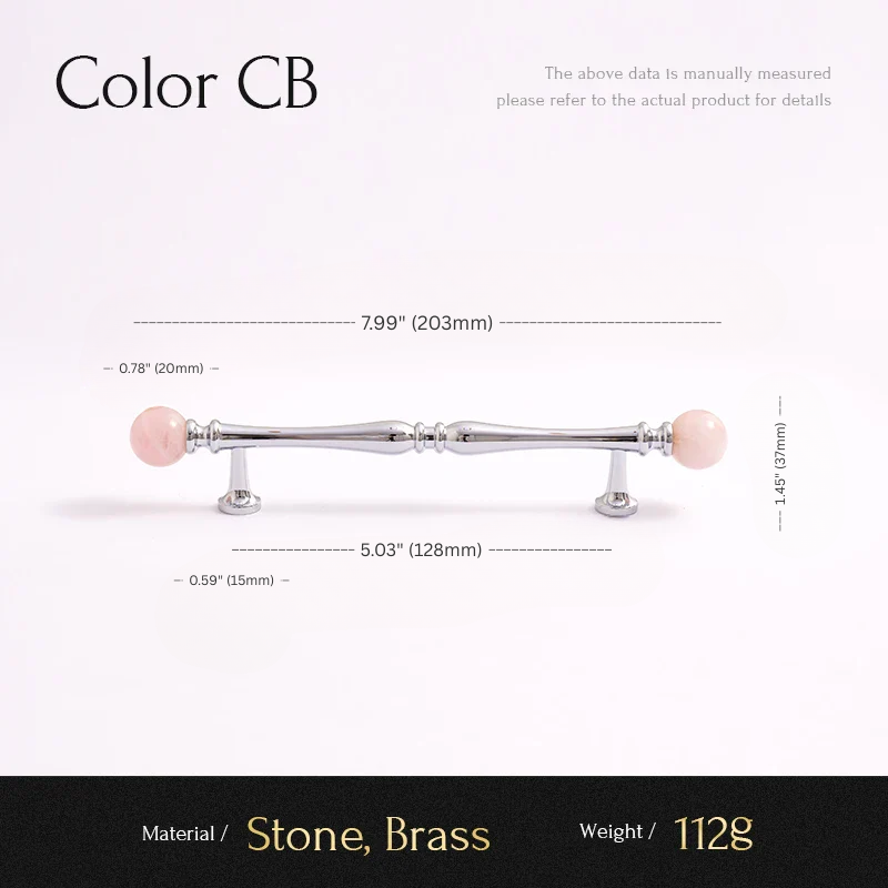 Measurement chart for a jewelry piece with stone and brass components, showing dimensions and weight.