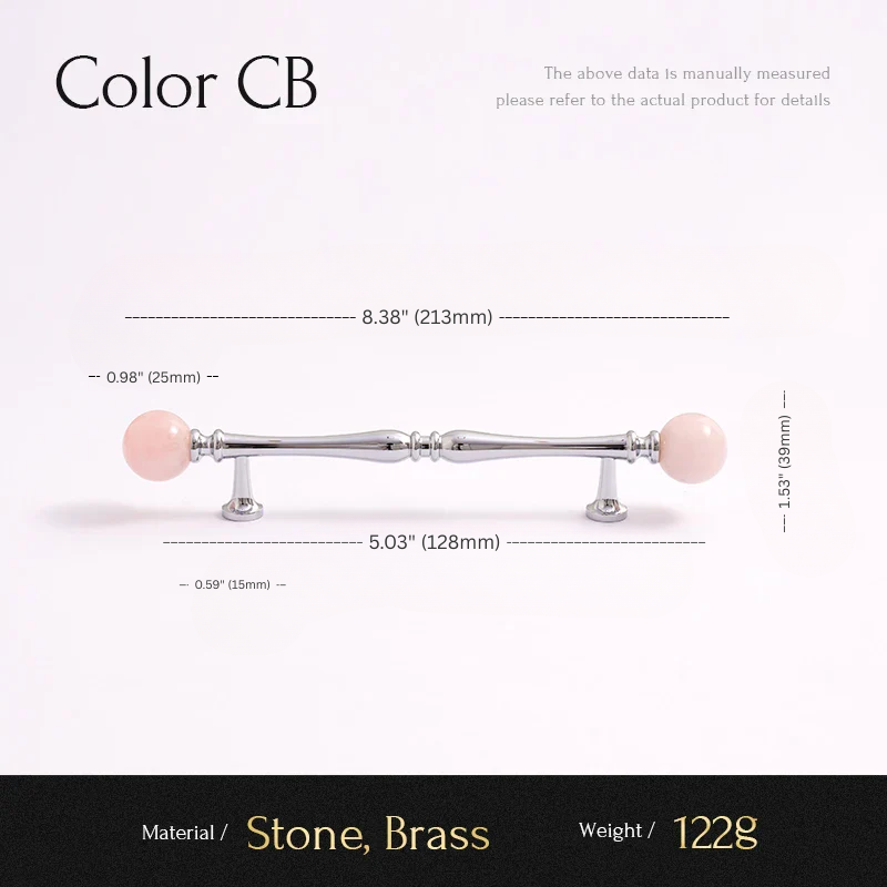 Measurement chart for a cabinet handle with pink stones and brass finish on a white background.