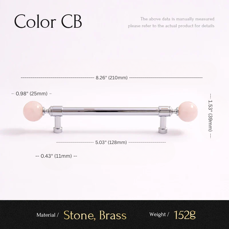 Measurement chart of a handle with pink stones and silver finish on a white background.