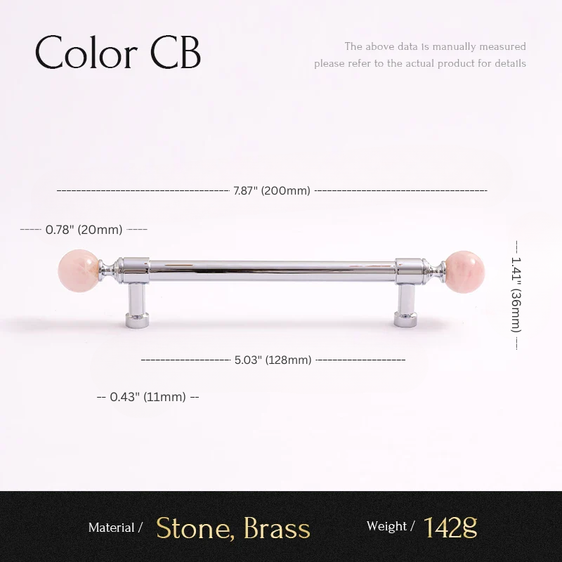 Measurement chart of a cabinet handle with pink stones and brass finish on a white background.
