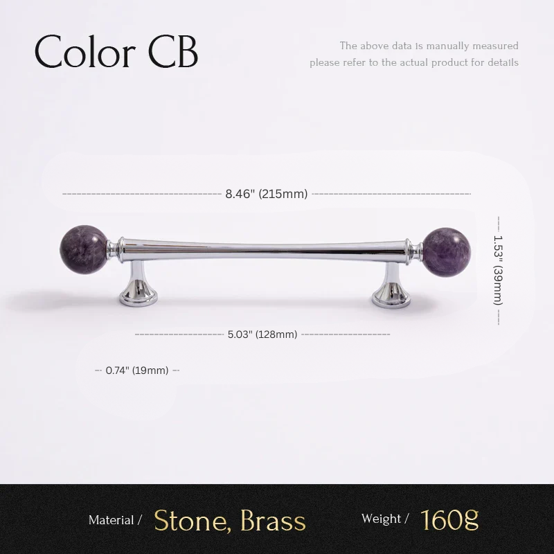 Cabinet handle with purple stone knobs and measurements on a white background