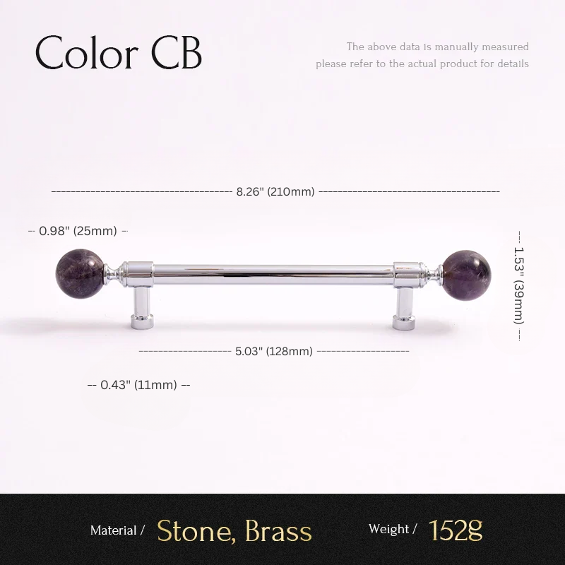 Measurement chart of a cabinet handle with stone and brass components on a white background.