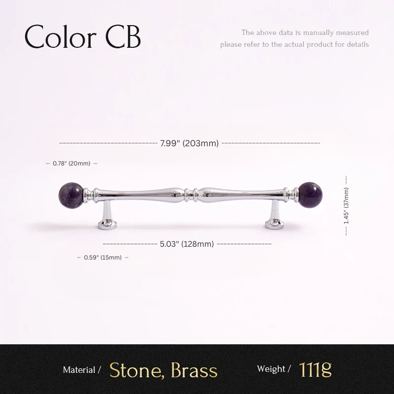 Measurement chart for a decorative item with stone and brass components on a white background.