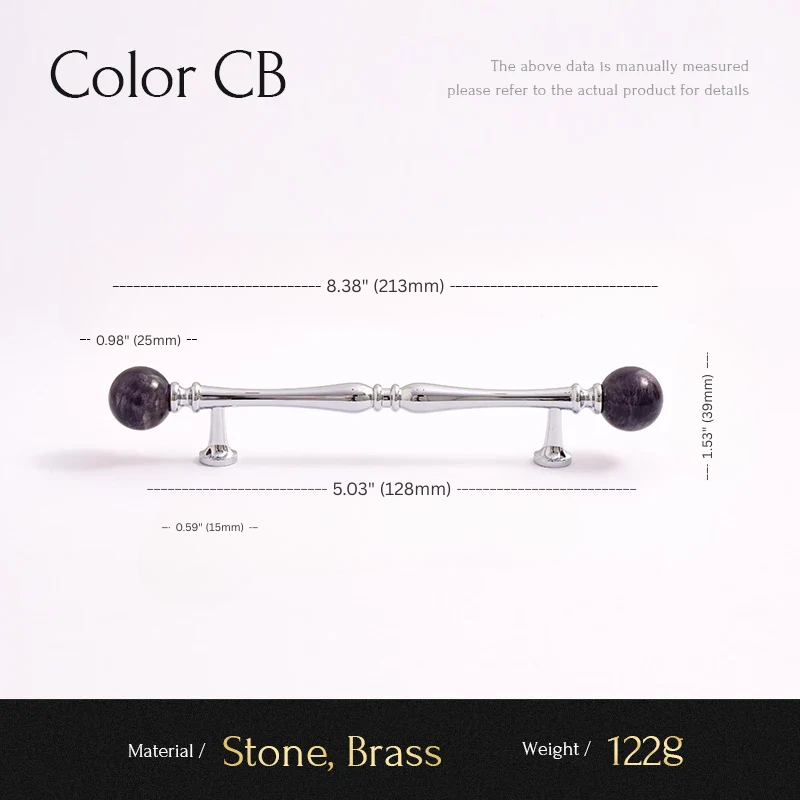 Measurement chart for a decorative item with stone and brass components on a white background.