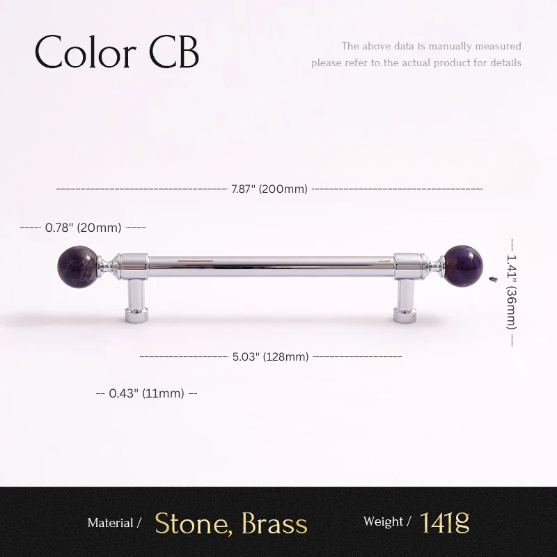 Measurement chart for a cabinet handle with stone and brass components on a white background.