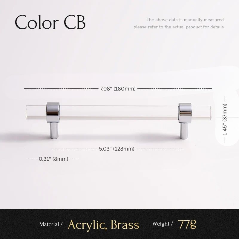 Measurement chart for an acrylic and brass cabinet handle with dimensions and material details.