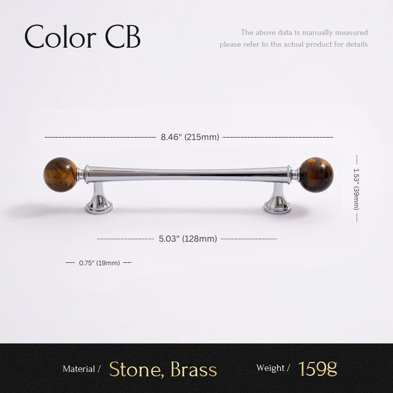 Cabinet handle with stone and brass components, showing measurements and material details.
