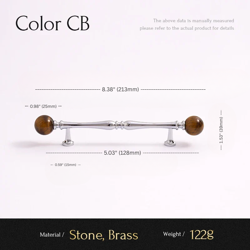 Measurement chart for a cabinet handle with stone and brass components on a white background.