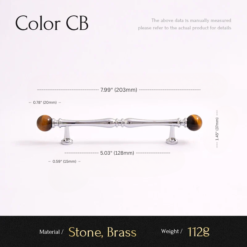 Measurement chart for a cabinet handle with stone and brass components on a white background.
