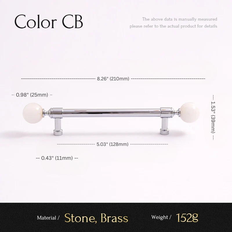Measurement chart for a cabinet handle with dimensions and material details on a white background.