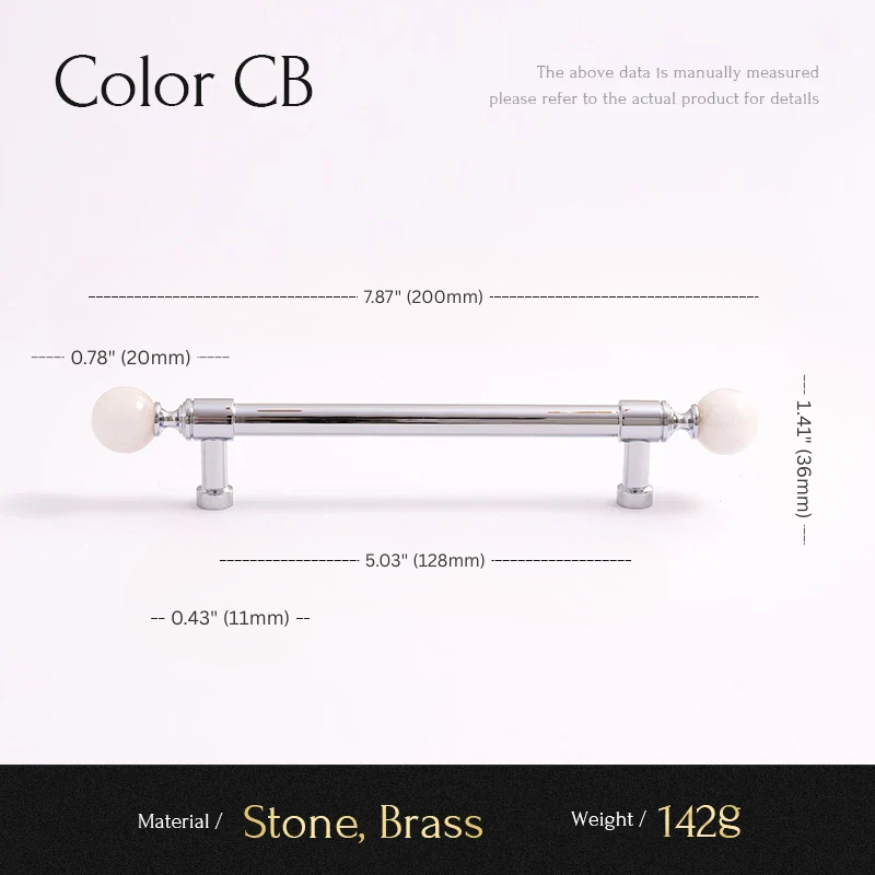 Measurement chart for a cabinet handle with dimensions and material details.