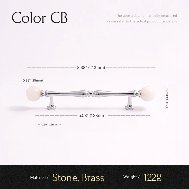 Measurement chart for a cabinet handle with dimensions and material details.