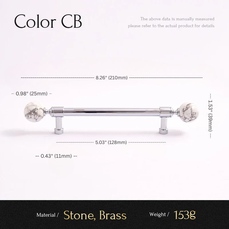 Measurement chart for a decorative handle with stone and brass elements on a white background.