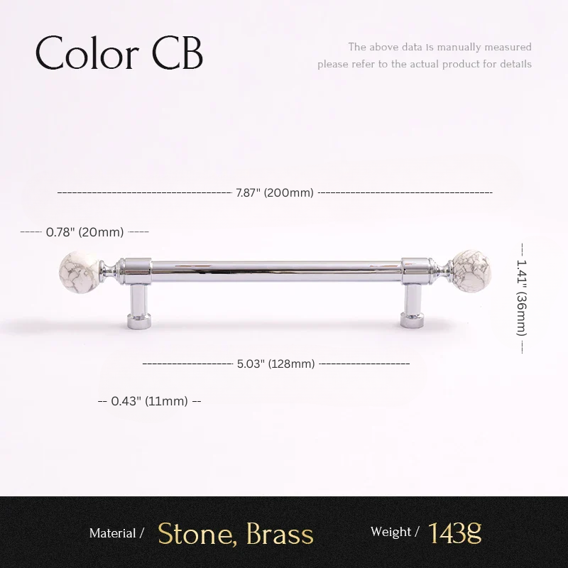 Measurement chart for a cabinet handle with dimensions and material details.
