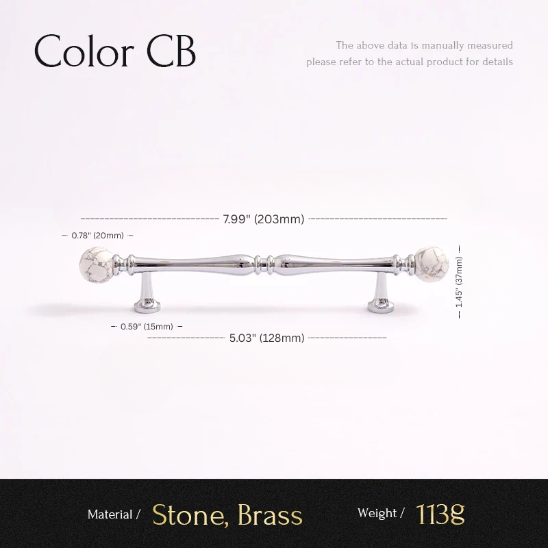 Cabinet handle with dimensions and material details on a white background