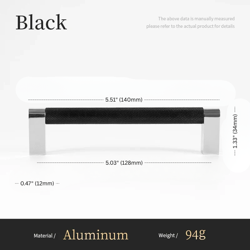 Measurement details of a black handle with dimensions and material information on a white background.
