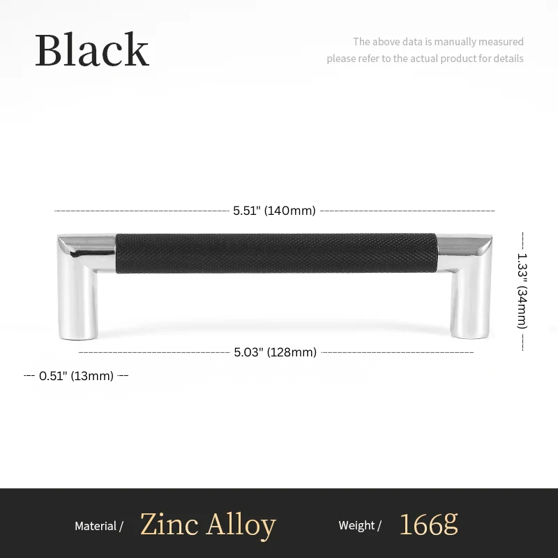 Measurement chart for a black cabinet handle with dimensions and material details.