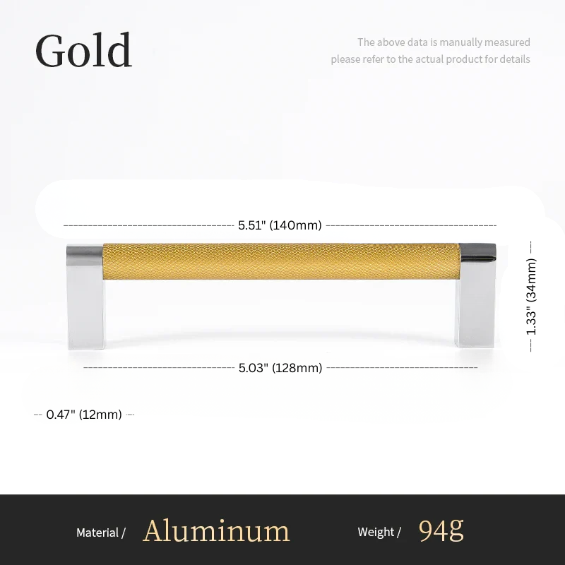 Measurement chart for a gold handle with dimensions and material information.