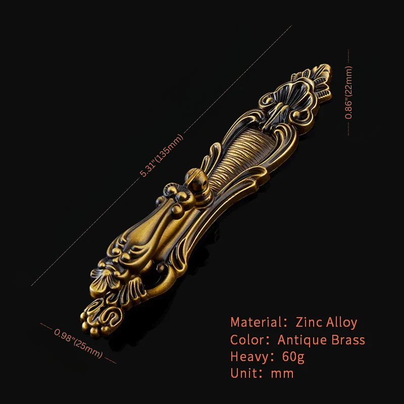 Decorative gold handle with measurements and material details on a black background