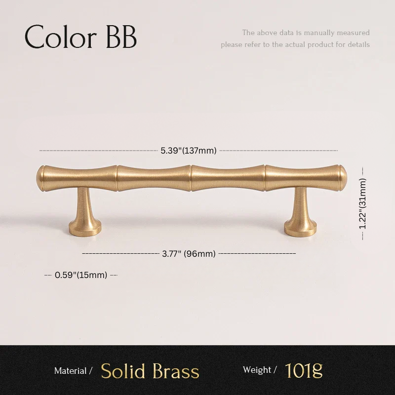 Gold cabinet handle with dimensions and material details on a beige background