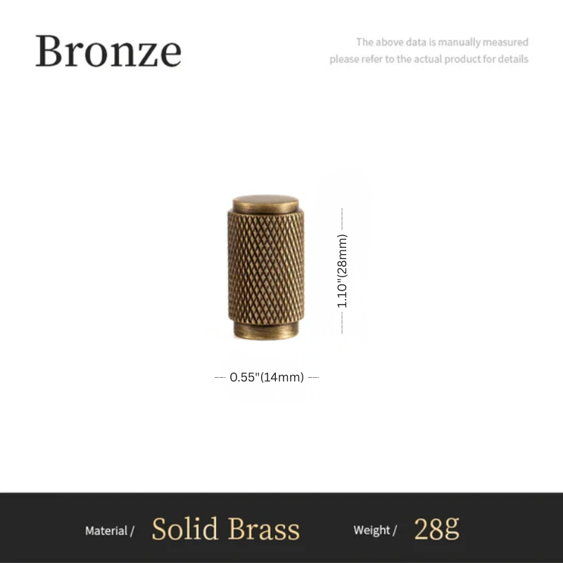 Bronze textured object with dimensions and material details on a white background