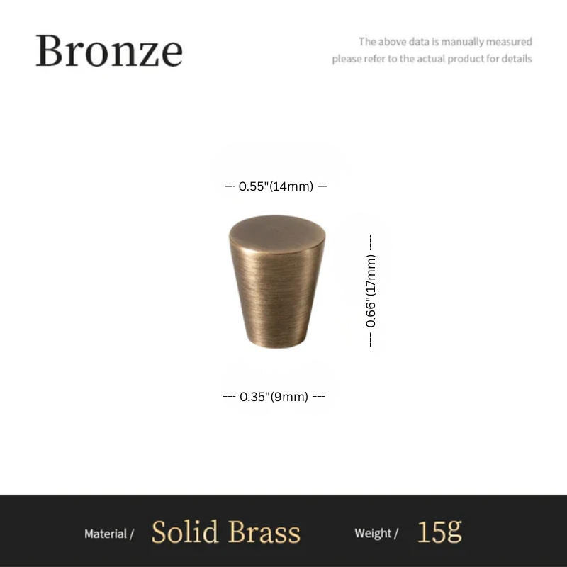 Bronze cylindrical object with measurements on a white background