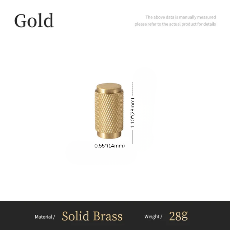 Gold cylindrical object with dimensions and material details on a white background