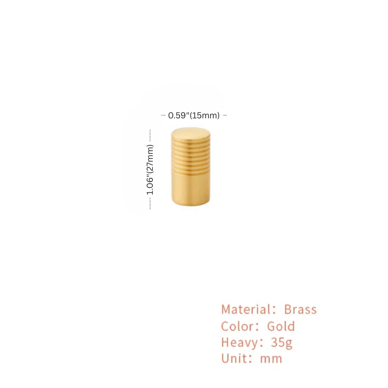 Gold cylindrical object with measurements and material details on a white background