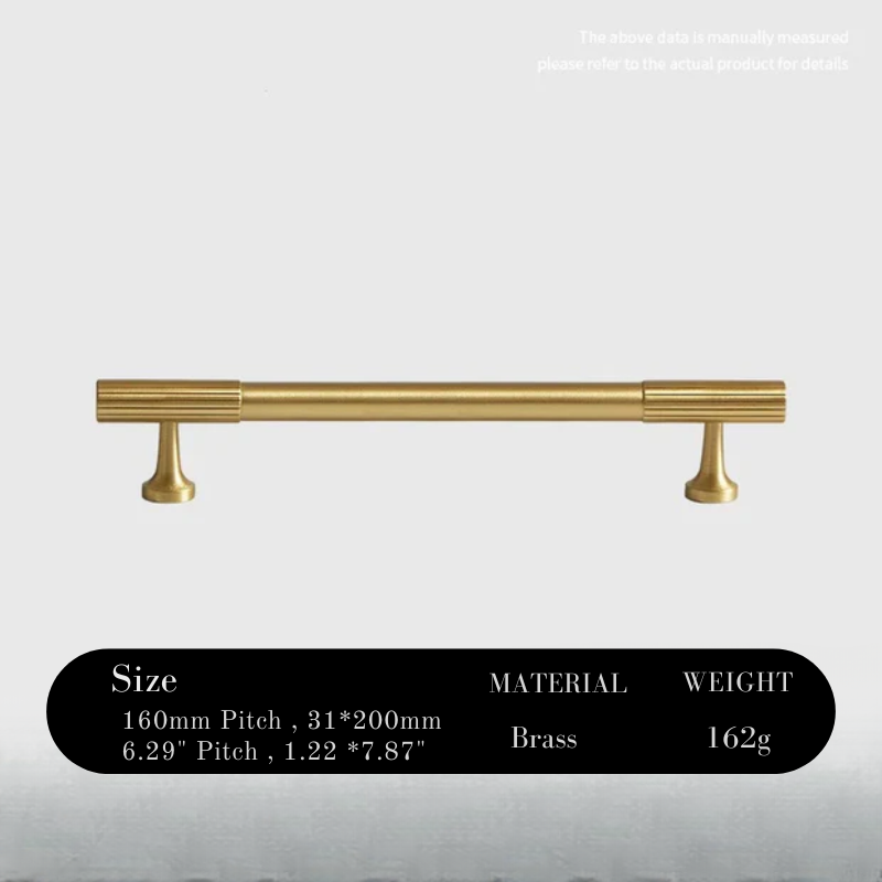 Gold cabinet handle with size, material, and weight information on a gray background